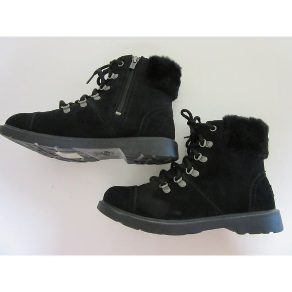 UGG Black Lace Up Combat Hiking Waterproof 6 Faux Fur Ankle Lugged Sole Booties - Picture 5 of 8